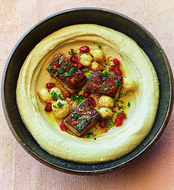 Hummus with cauliflower, pomegranate, and foie gras