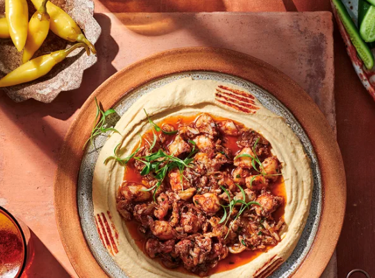 Hummus with fragrant prawn and crab sauce [Tom Sarafian]
