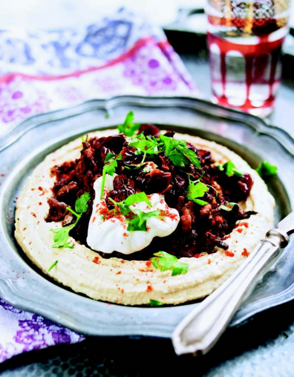 Hummus with spiced beef and cherries