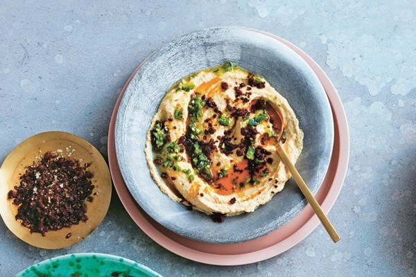 Hummus with spicy chorizo and green chilli relish
