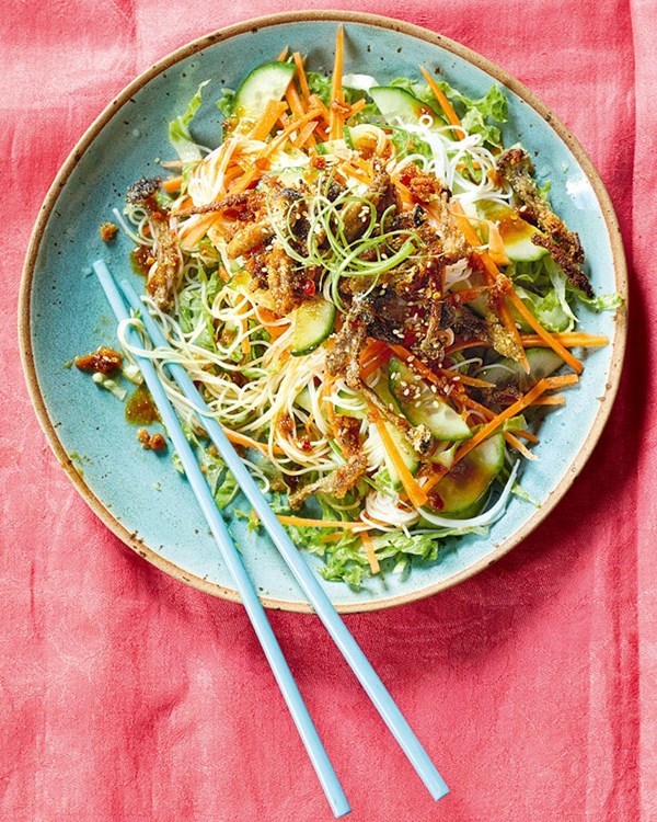 Hunan-style crispy sweet chilli mushroom and noodle salad