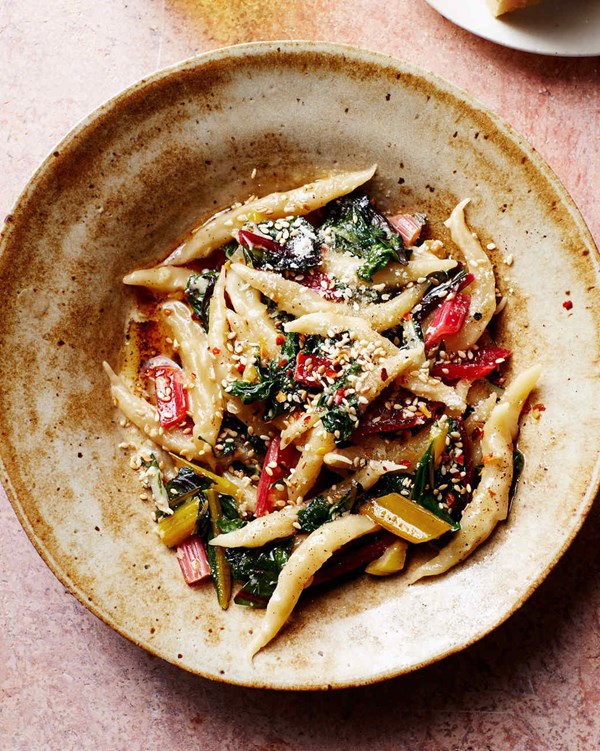 "Husband blinders" with rainbow chard and brown-butter sauce