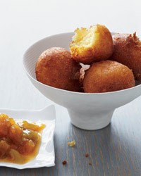 Hush puppies with green zebra tomato jam