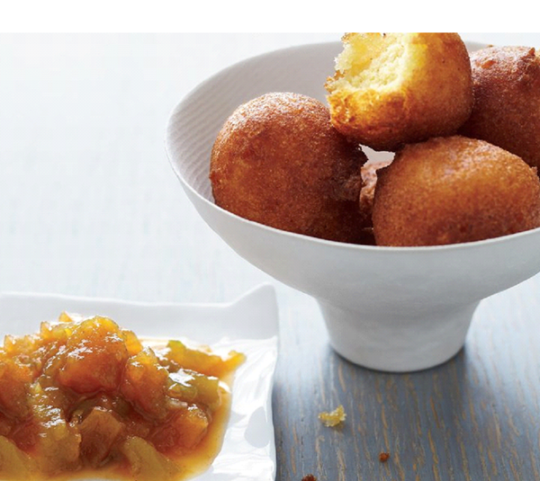 Hush puppies with green zebra tomato jam