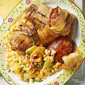 Husk-wrapped chicken & corn relish