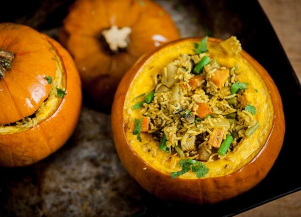 Hyderabadi biryani of vegetables in a pumpkin shell