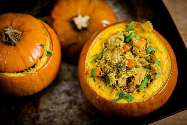 Hyderabadi biryani of vegetables in a pumpkin shell