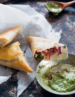 Hyderabadi-style samosas filled with red onion, mint and green chilli