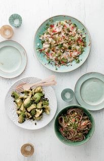 Iain's mighty scallop ceviche with buckwheat noodles & avocado salad