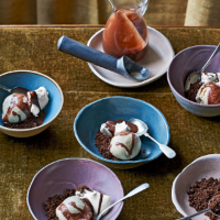 Ice cream with boozy mocha sauce and an almond and chocolate crumb