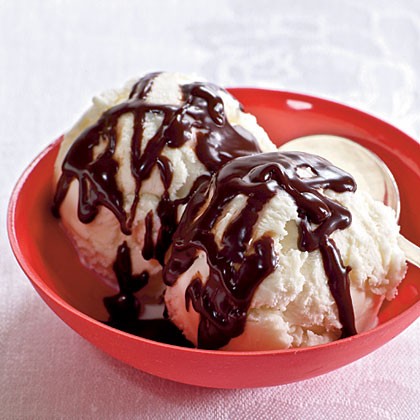 Ice cream with dark chocolate sauce
