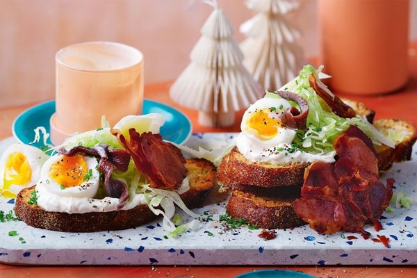 Iceberg, pancetta and soft-boiled egg crostini
