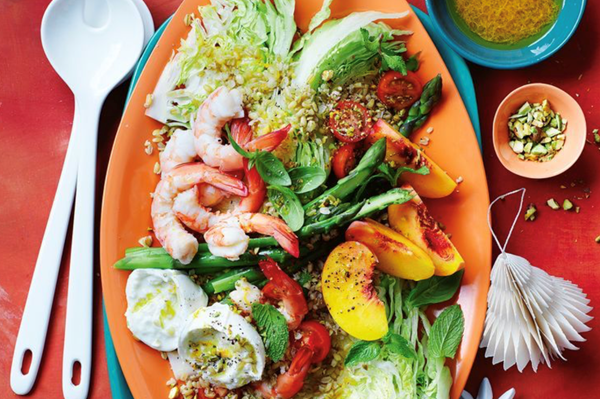 Iceberg, peach, asparagus and prawn salad with freekeh