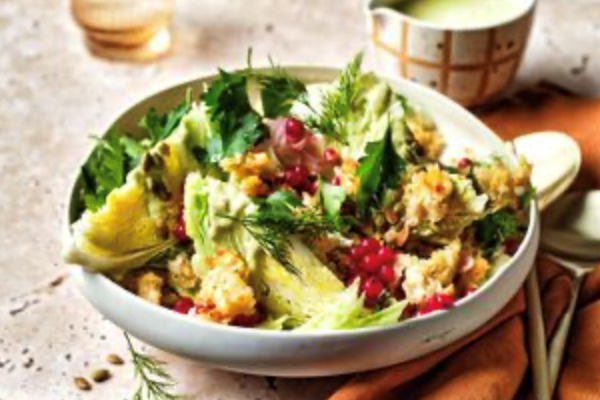 Iceberg wedge salad with pickled eschalots and smoky eggplant ranch