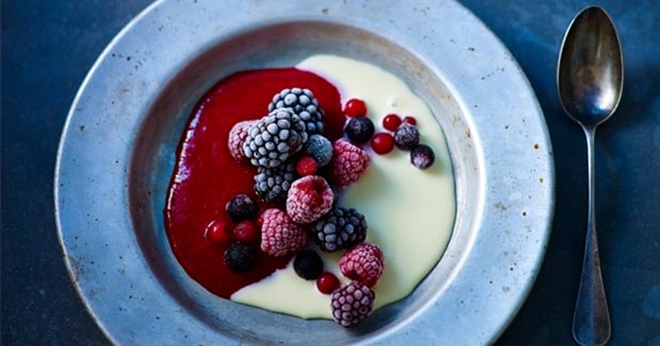 Iced berries with hot chocolate sauce