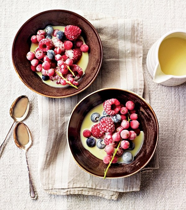 Iced berries with white chocolate sauce