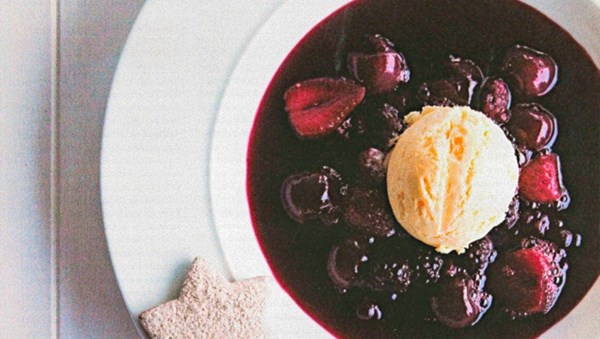 Iced cherry and berry soup with kirsch and quark semifreddo and speculaas cookies