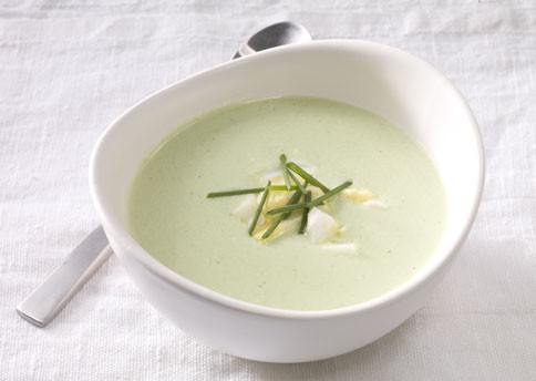 Iced cucumber soup with mint, watercress, and feta cheese