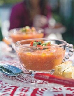 Iced gazpacho soup with herb croutons