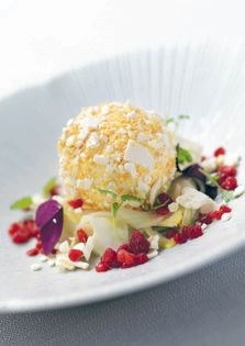 Iced lemon parfait, confit fennel and raspberries