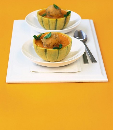 Iced melon soup with melon and mint sorbet