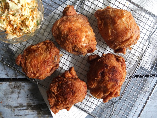 Iced tea-brined fried chicken with jalapeño slaw