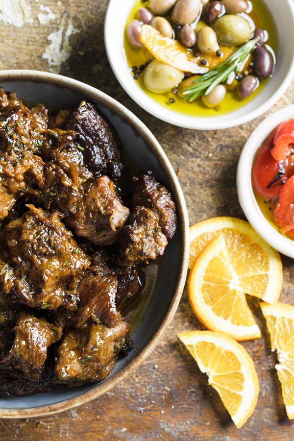 Ikarian braised pork with honey, orange and rosemary