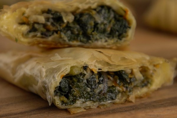 Ikaria's longevity greens phyllo rolls (Kariotika pitarakia tis makrozoias)