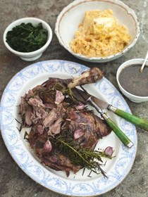 Incredible roasted shoulder of lamb with smashed veg and greens