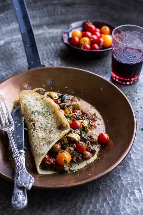 Indian crepes (Rava dosas) with summer squash + tomato chickpea masala
