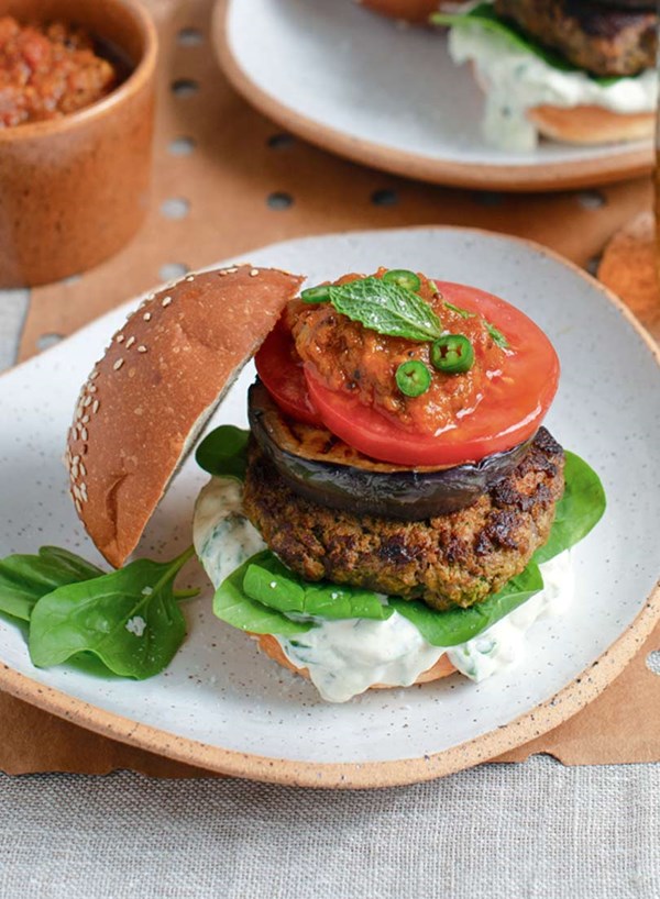 Indian lamb & eggplant burger with mayo raita and tomato kasundi