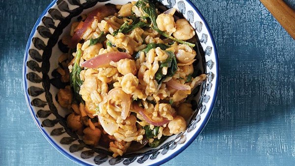 Indian rice and chickpeas with quick steamed greens