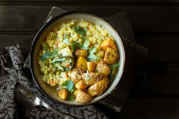Indian rice and lentils (Khichdi and potato fries)