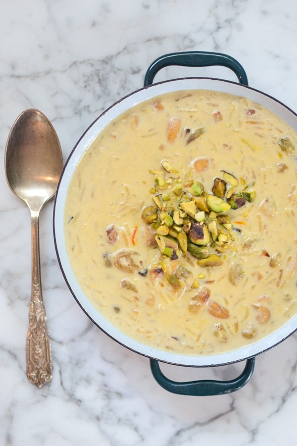 Indian rice pudding with saffron, cashews, and sultanas (Kheer)