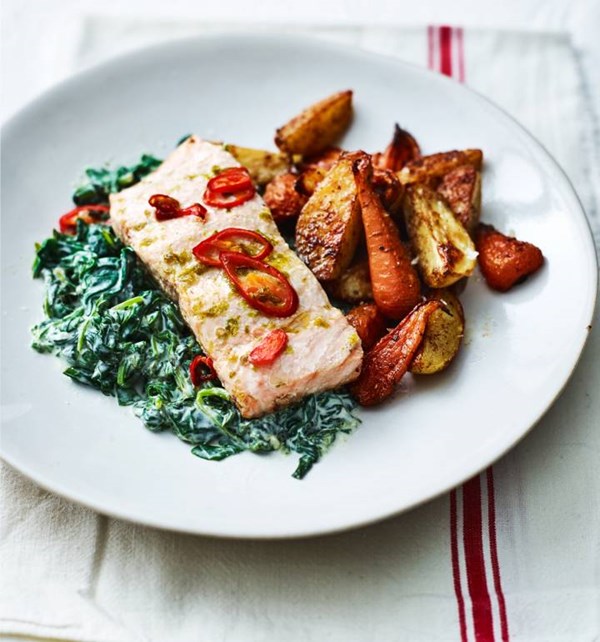 Indian salmon tray bake with lime