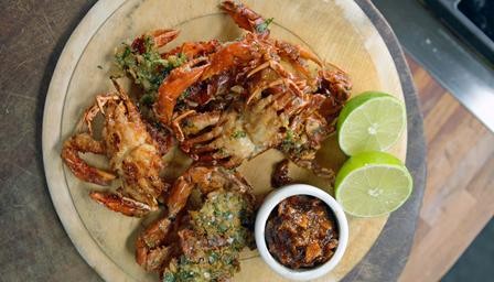 Indian soft shell crabs with home made lime pickle