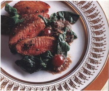 Indian spiced and fruited duck breast slices in mushroom purée
