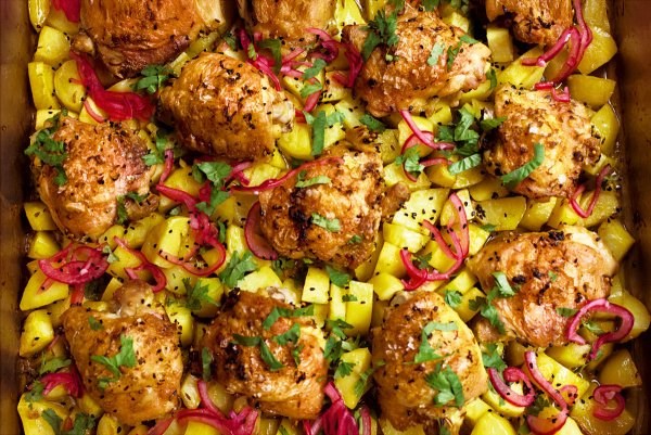 Indian-spiced chicken and potato traybake