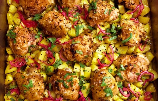 Indian-spiced chicken and potato traybake