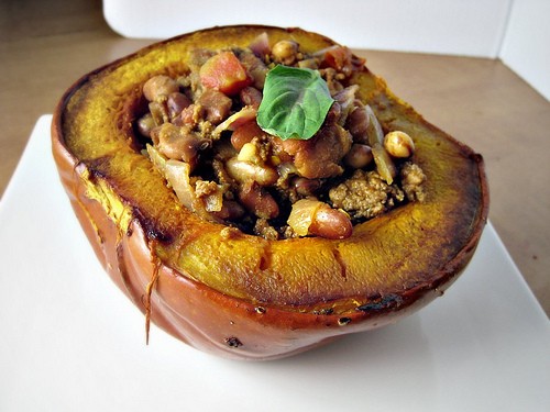 Indian spiced chili in a winter squash "bread" bowl