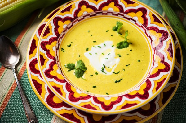 Indian-spiced corn soup with yogurt
