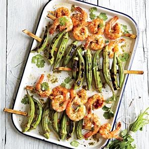 Indian-spiced grilled shrimp and okra