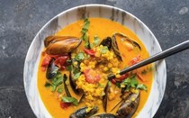 Indian-spiced mussel, coconut and lentil soup