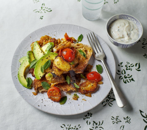 Indian spiced potatoes and raita on toast