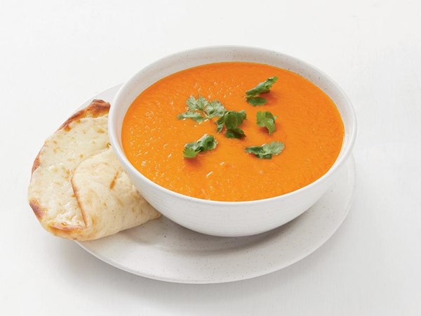 Indian spiced tomato soup with cheesy naan