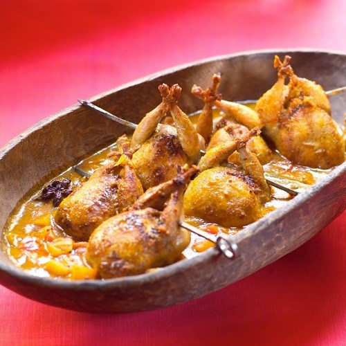 Indian-style quail in beet, apricot, and tomato chutney
