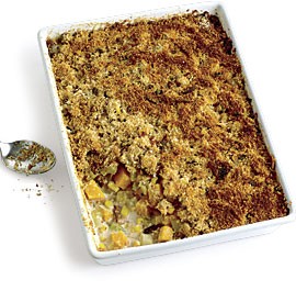 Indian summer gratin with butternut squash, potatoes, corn, and bacon