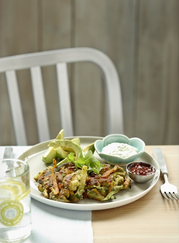 Indian vegetable fritters with lime and tahini yoghurt sauce