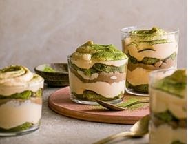 Individual matcha green tea tiramisu with chestnut cream