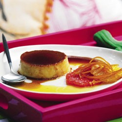 Individual orange creme caramels with caramelised orange and grapefruit salad